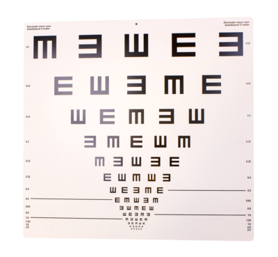 De letter E in verschillende groottes, waarbij de poten steeds een andere kant op wijzen.